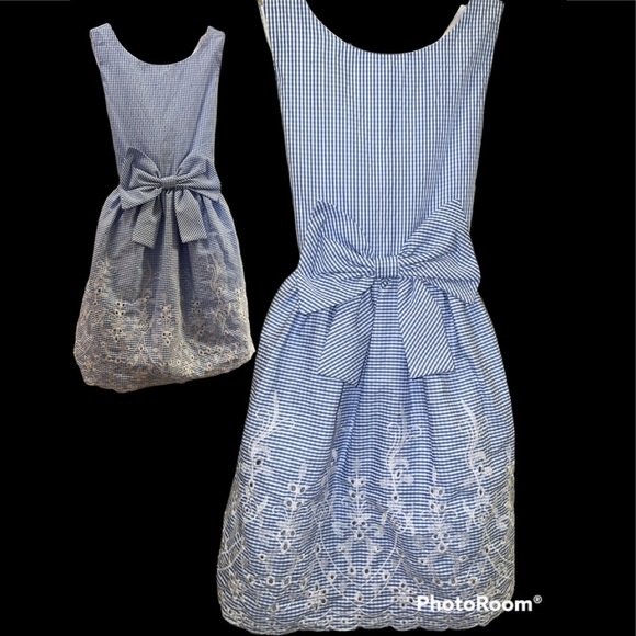 Rare Editions Toddler Baby Girl Dress Blue and WhiteEmbroidered Bow EC